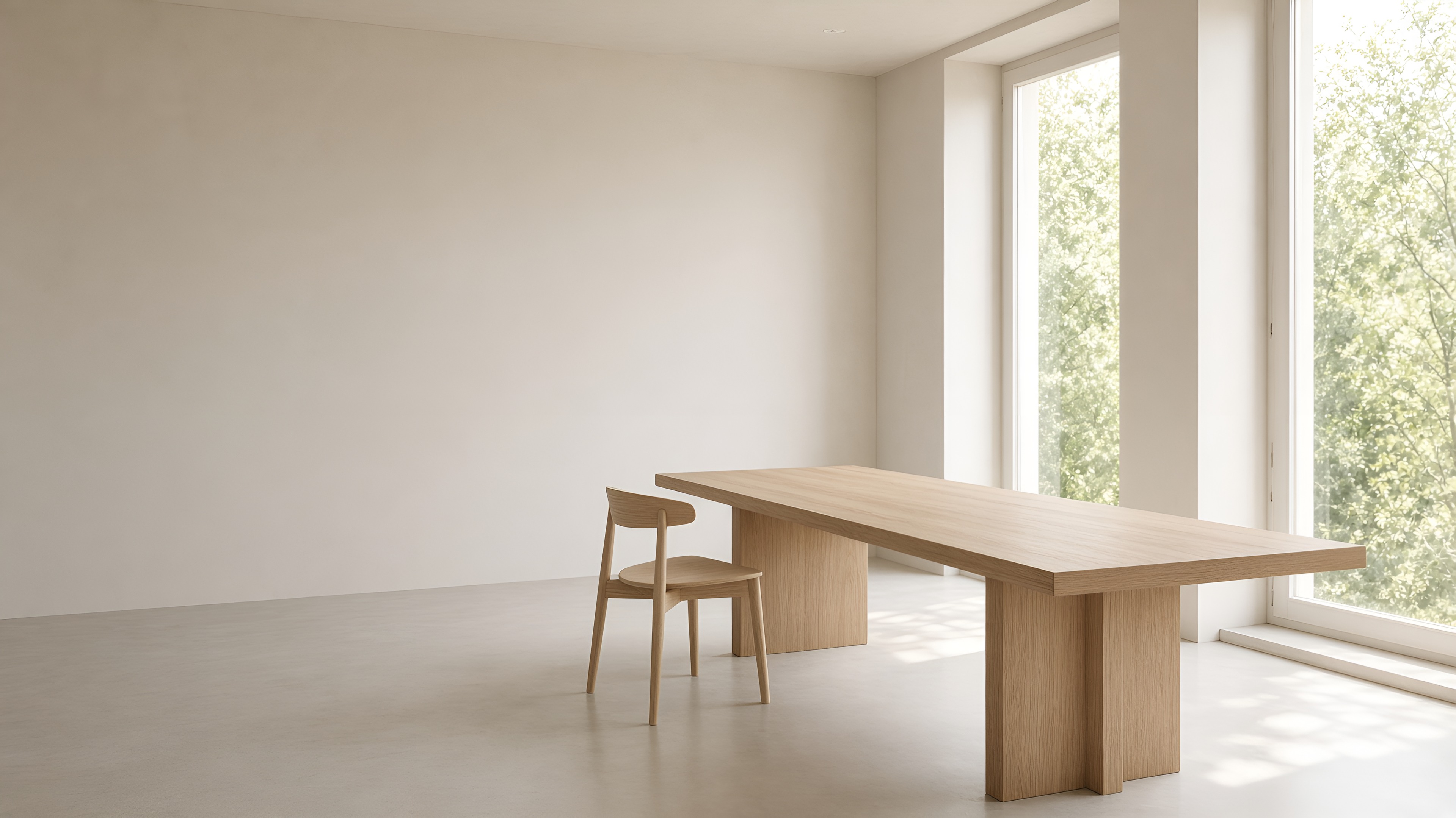 An open worktable in a sunlit room, ready for a working conversation