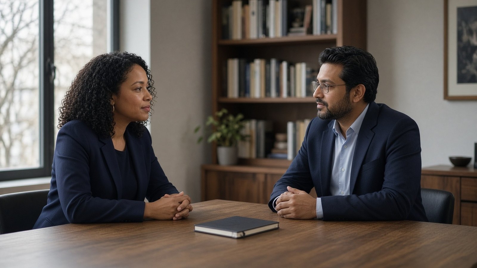 Two people in a consultation across a table