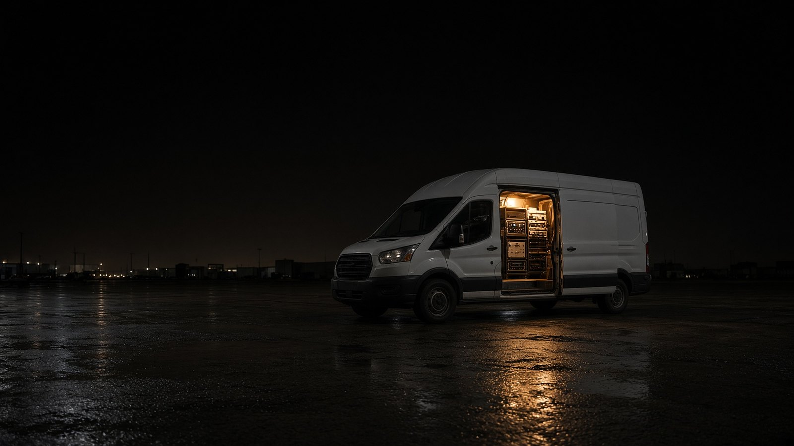 A white high-roof Ford Transit van at night, side door open on equipment racks