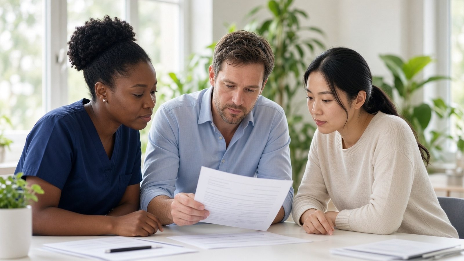 An owner, a biller, and a clinical director reviewing a month at a table