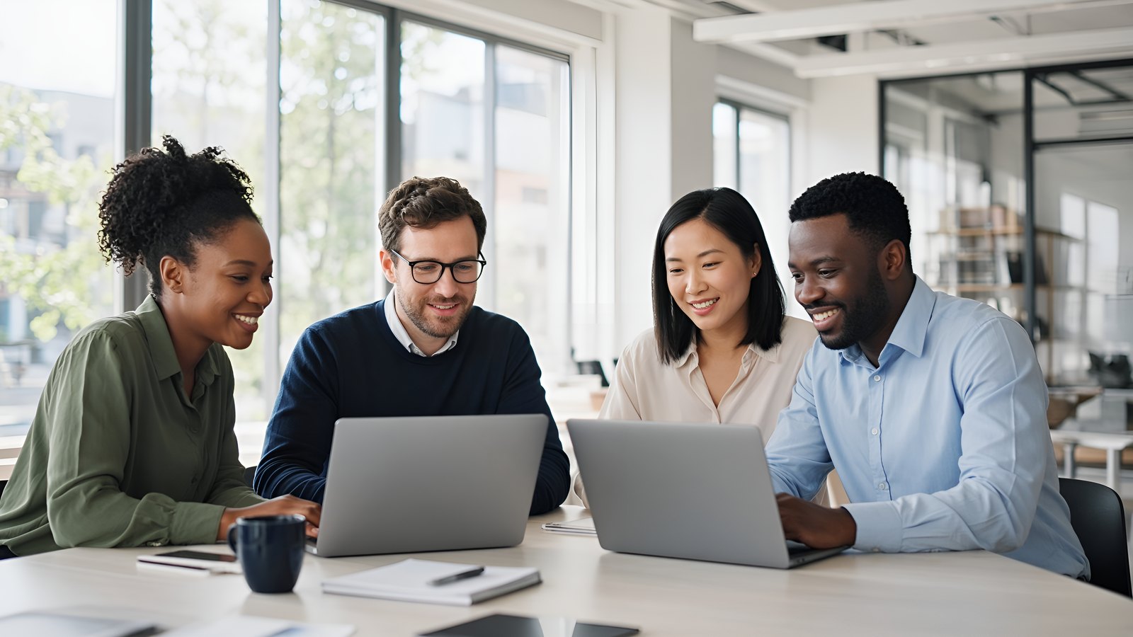 A mixed technology team working together around laptops in a bright office