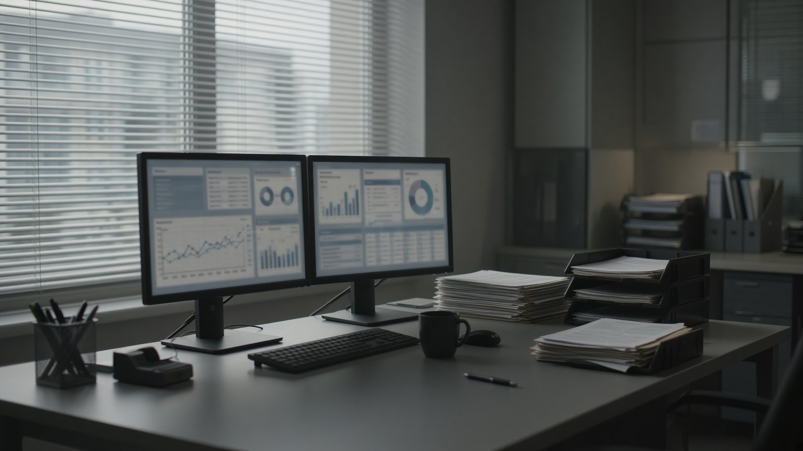 Desk with two monitors showing charts and stacks of paperwork