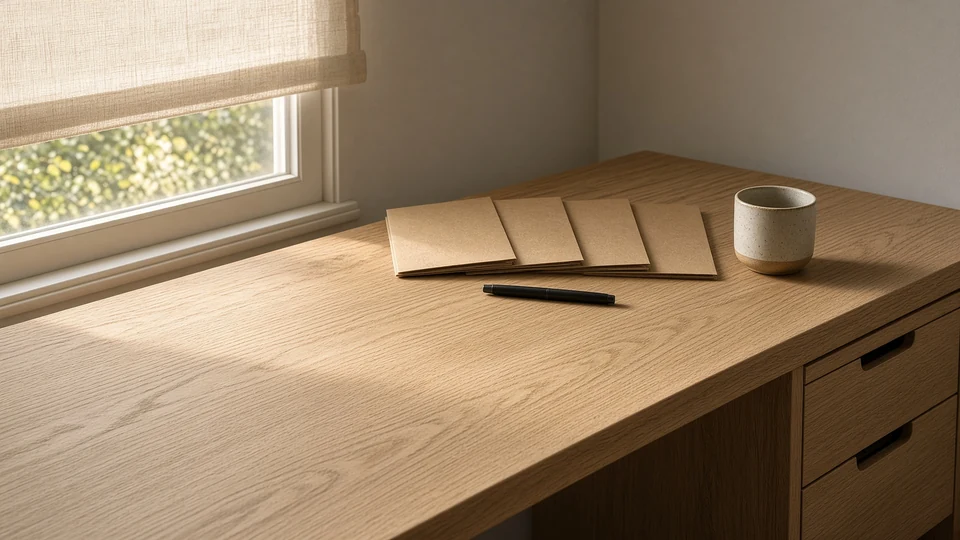 Four ordered folders and a pen on a worktable by a window