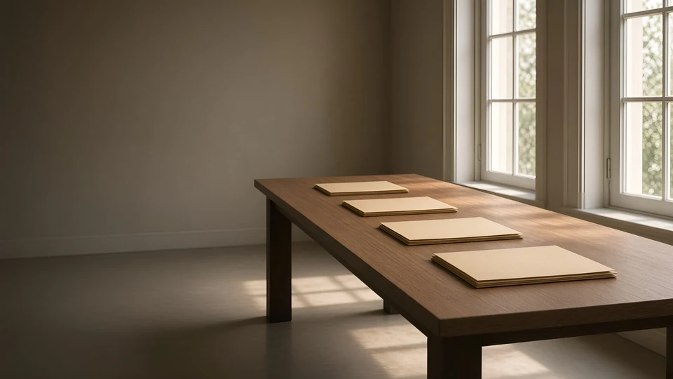 A quiet worktable with ordered paper files by the window