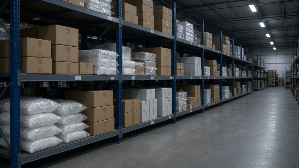 Shelves of boxed supplies in a warehouse