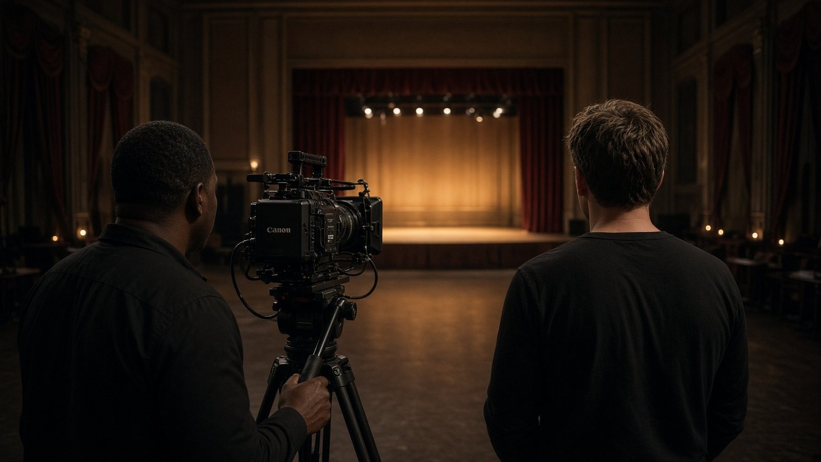 Two people behind a tripod-mounted cinema camera facing a lit theater stage