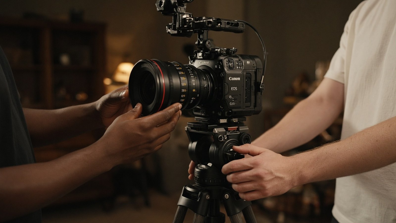 Two people adjusting a cinema camera and lens on a tripod