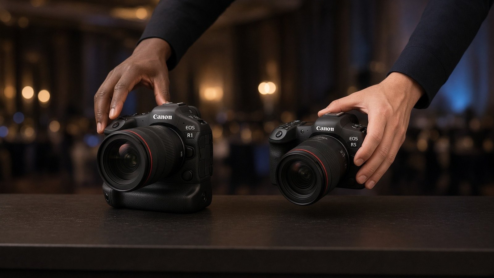 Hands positioning two cameras with lenses on a tabletop