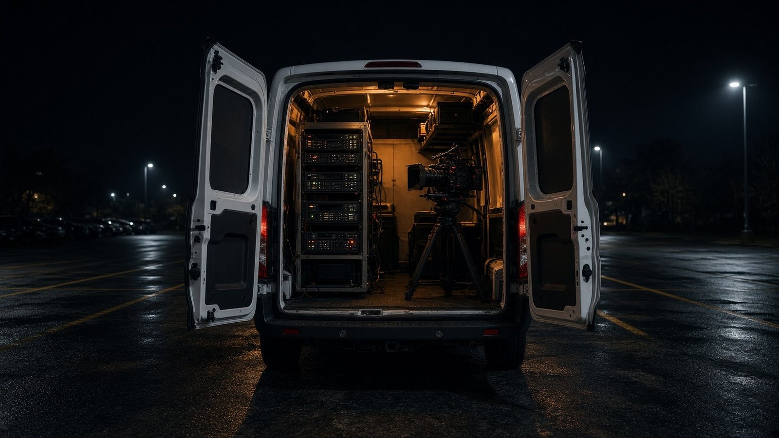 Open rear doors of a production van showing equipment racks and a camera
