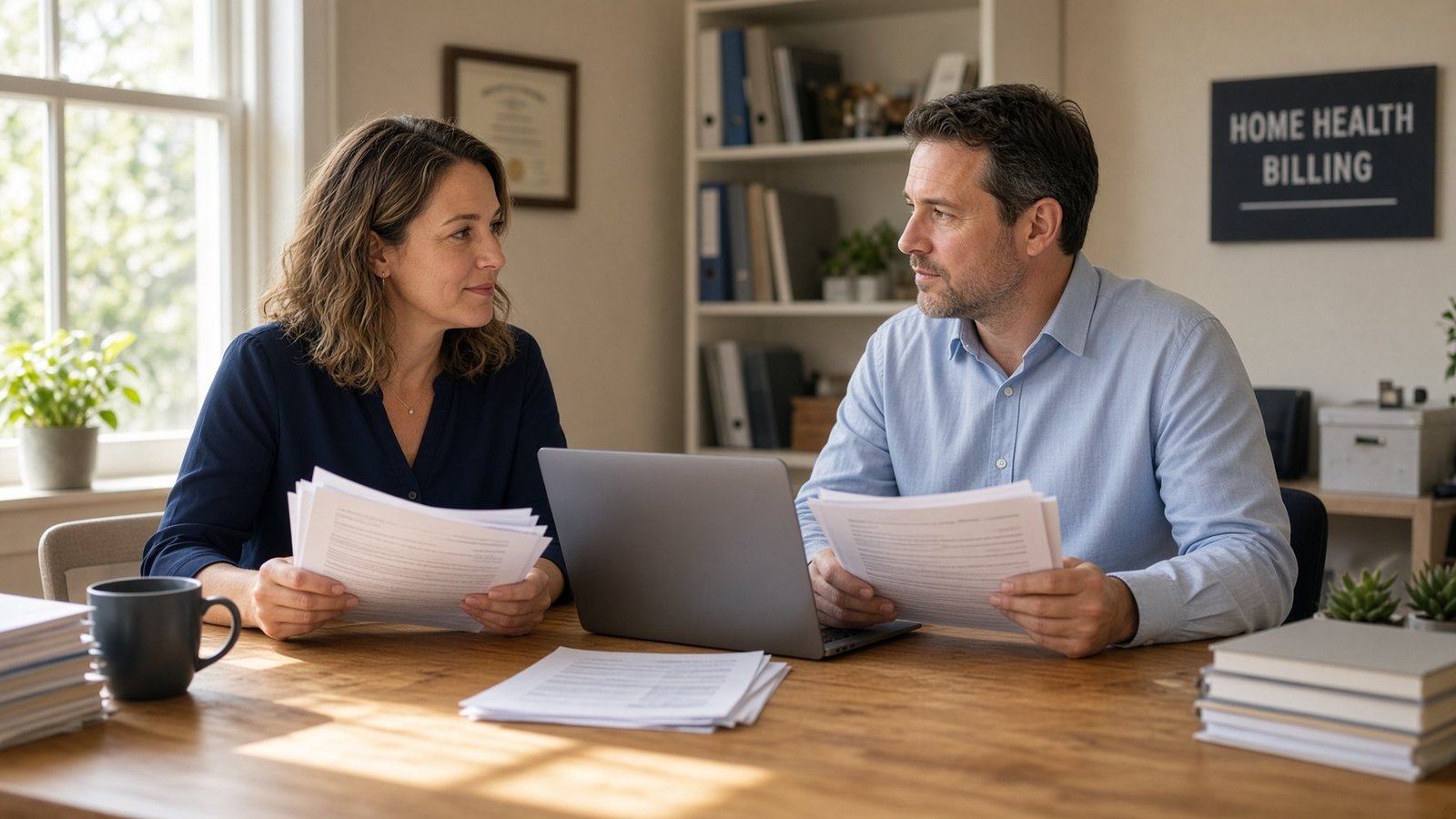 Two people holding paperwork beside a laptop in a home-health billing office