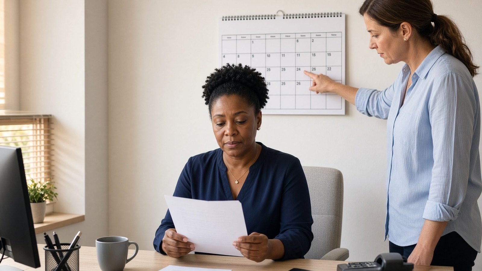 One person reviewing paperwork at a desk while another points to a wall calendar