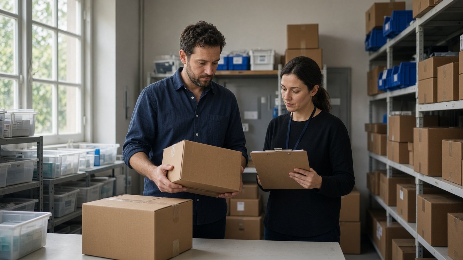 Two people checking a box and clipboard beside stocked storage shelves
