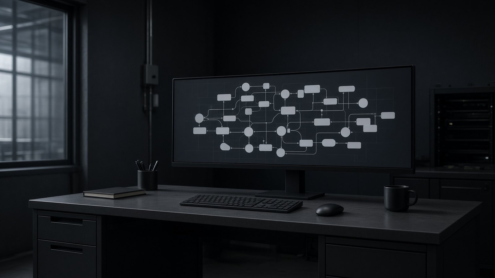 A monitor displaying a connected workflow diagram
