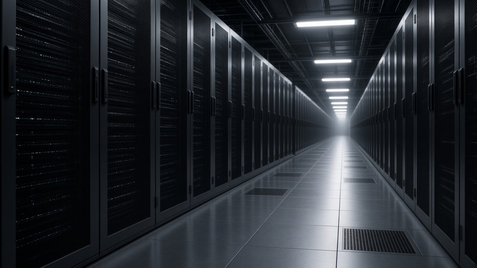 An aisle between rows of server cabinets