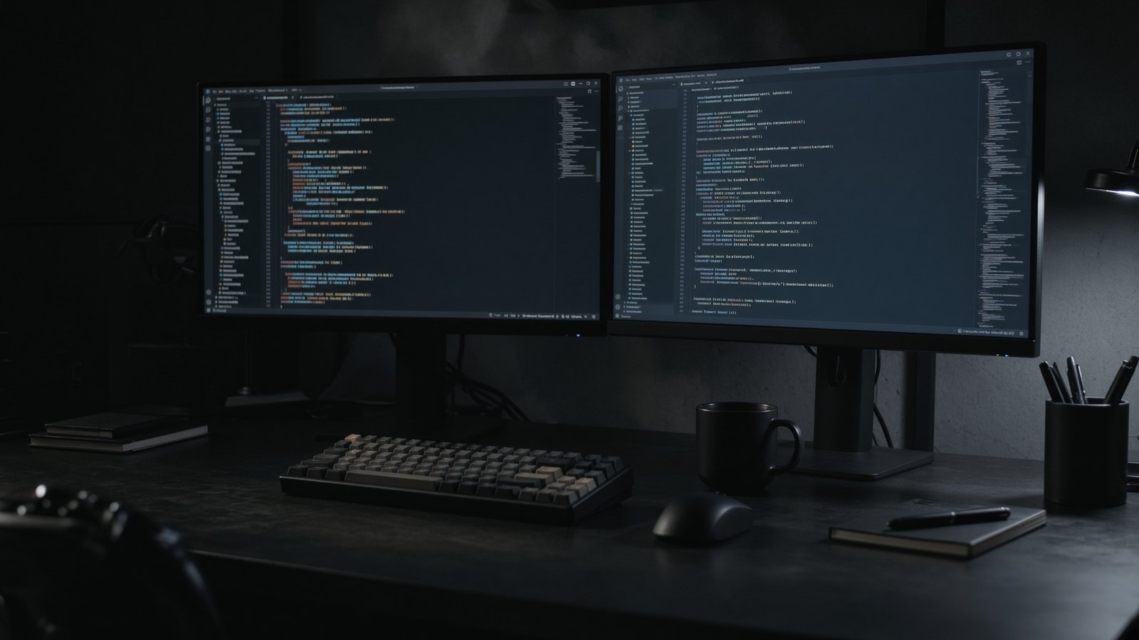 Two monitors displaying code editors above a keyboard