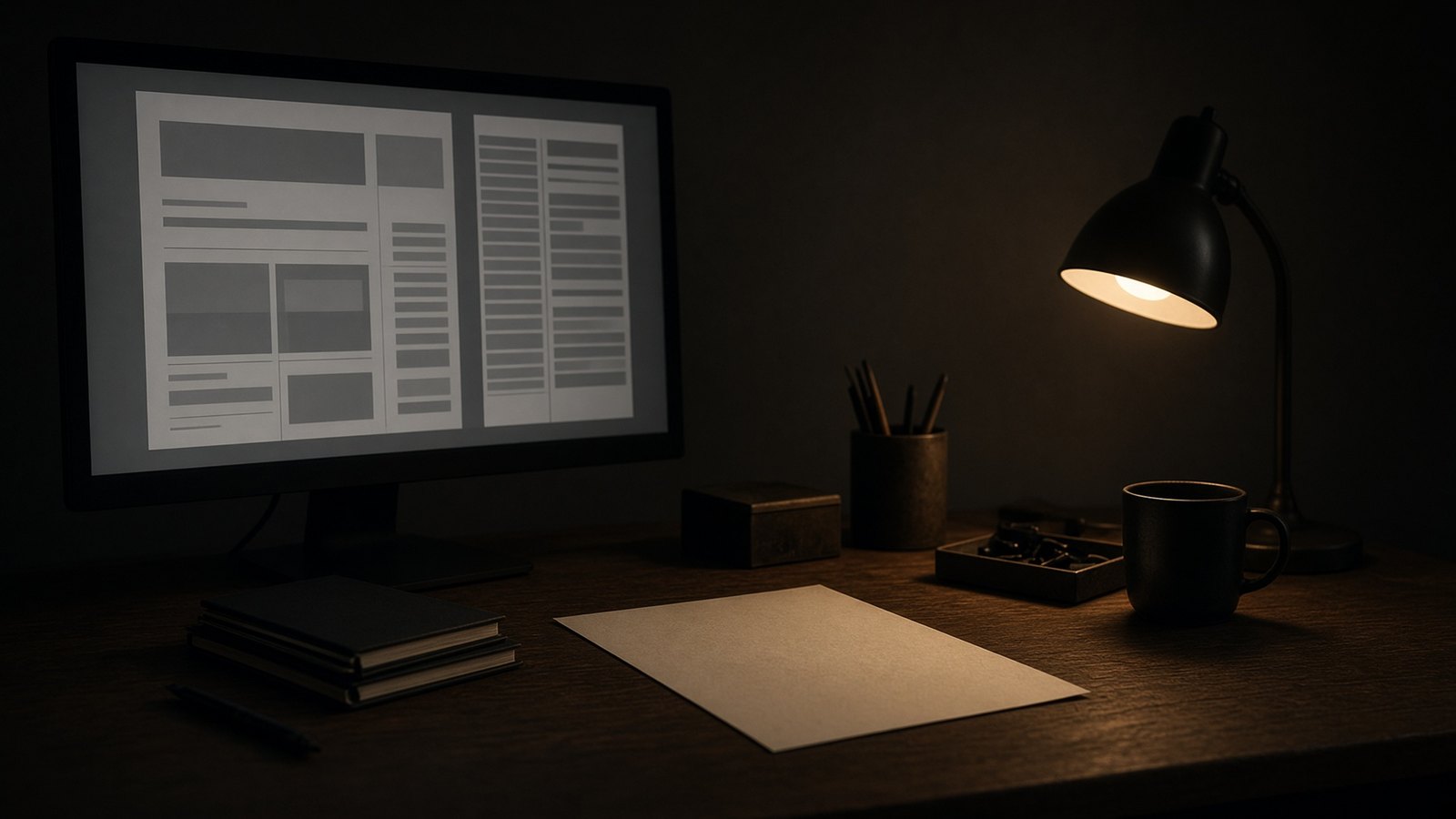 Website wireframe layouts on a monitor beside a desk lamp